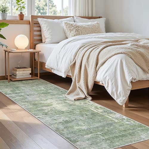 Runner Rug 2'6"x8' Kitchen Hallway Runners Abstract Green (Green/Ivory / 2'6" x 8' (Runner))