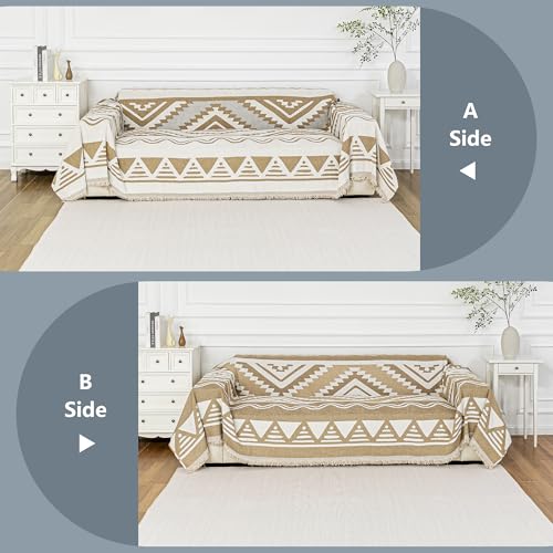 Sectional Couch Cover Khaki Boho Geometric Sofa Covers for Sectional Sofa L Shape Chenille Couch Protector for Dogs Pets Couch Throw Cover Washable Durable for Home Decor (71" x 118" / 2# Bohemia Khaki)