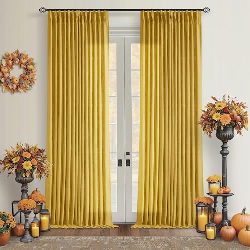 Mustard Yellow Pleated Semi Sheer Linen Curtains 108 Inches Long 2 Panel (Mustard Yellow / 40"W x 108"L (Pack of 2))