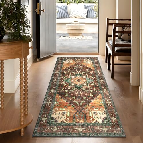 Washable Runner Rug (3' x 6' / Rust/Dull Teal)