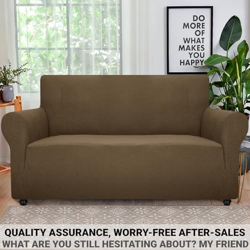 Super Stretch Couch Cover Love Seat Sofa Covers for Living Room Dogs Pet Friendly Furniture Protector Spandex Loveseat Slipcovers with Anti Slip Foam Sticks (Brown / Medium (57"-70"))