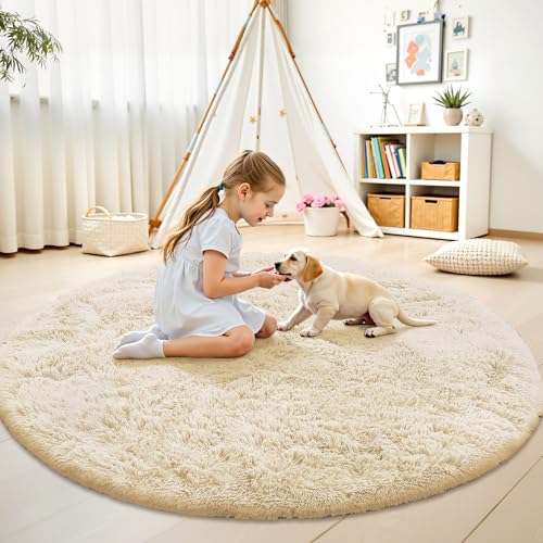 Cream Round Rugs for Bedroom (5 Ft Round / Cream)