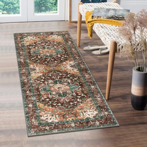 Washable Runner Rug (2' x 5' / Rust/Dull Teal)