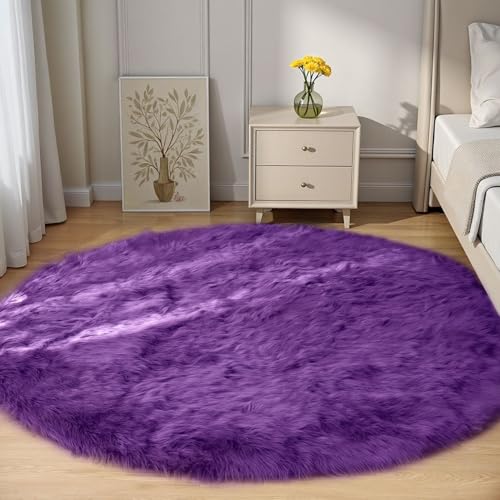 Purple Circle Rug 5ft Fluffy Round Fuzzy Furry Faux Fur Sheepskin Carpet for Bedroom Living Room Plush Washable (5' (Round) / Purple)