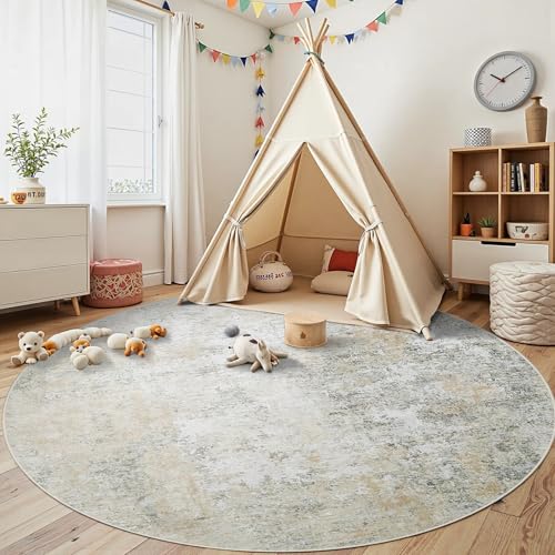 Round Rug 8ft Washable Rug for Dining Room Living Room Beige Grey (Beige/Grey / 8' (Round))