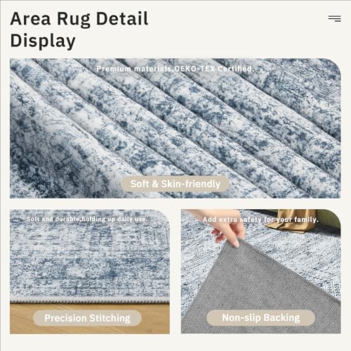 5x7 Area Rugs Blue Low Pile Washable Trendy Faded Style Rug (Blue / 5' x 7' (Rectangular))