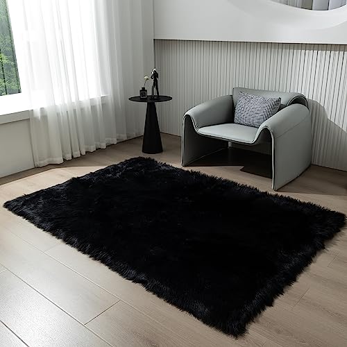 Faux Fur Rug Black Sheepskin Area Rug (Black / 4' x 6' (Rectangular))