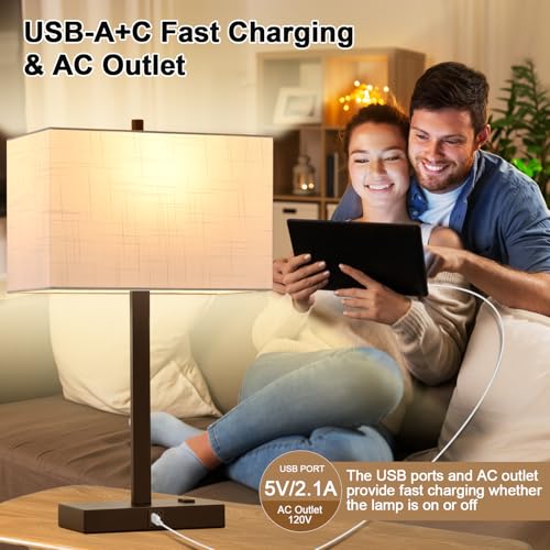 21" Touch Bedside lamps with 2 USB & AC Outlets (White Linen & Brown)