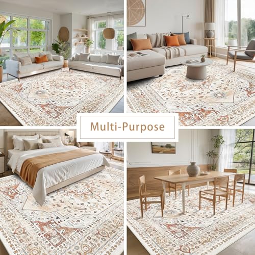 Orange Red 8x10 Washable Area Rugs for Living Room (8' x 10' (Rectangular) / Orange-cream-brick Red-grey)