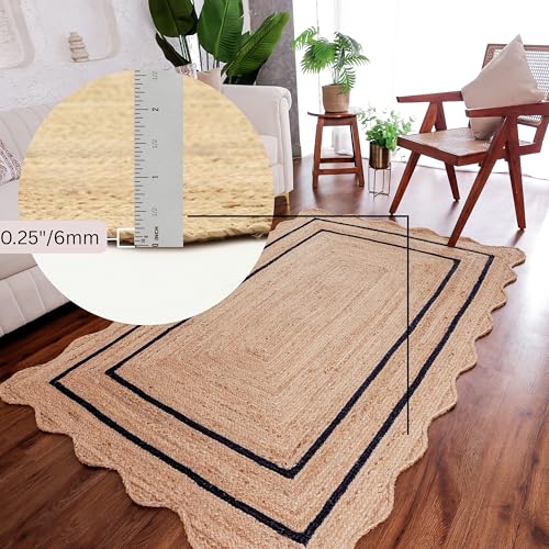 Wave Scalloped Jute Rug Entryway Natural Boho Area Rug Black 12'x12' (12'x12' / Black)