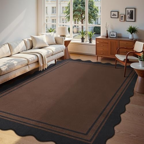 8x10 Scalloped Rug Easy Jute Washable Outdoor Rug for Living Room (8'*10'(Rectangular) / Black Brown)