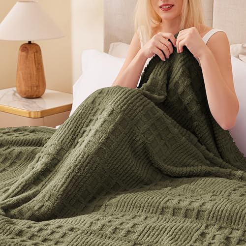 Green Fleece Throw Blanket for Couch or Bed Waffle Pattern Decor (02-moss Green / Throw)