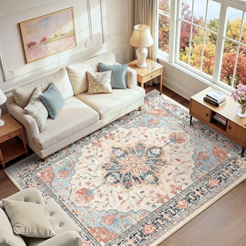 Washable Area Rug (Beige/Blue/Orange / 6' x 9' (Rectangular))