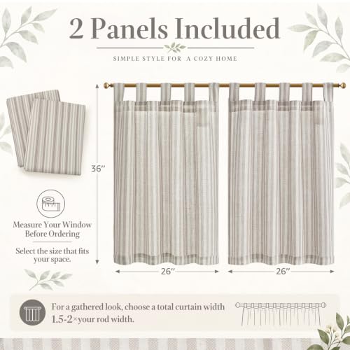 Tab Top Linen Kitchen Curtains 36 Inches Striped Tier Curtains Farmhouse Modern Cafe Style Small Window Treatments Airy Light Filtering Rod Pocket for Living Room Bathroom 2 Panels Taupe Grey (D | Taupe Grey on Beige / 26"W x 36"L (Pack of 2))