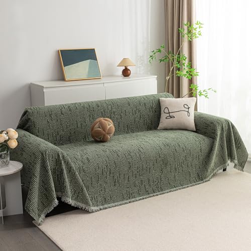 Loveseat Cover Moss Green Couch Cover Sectional Couch Covers for 2 Cushion Couch Sofa Thick Universal Chenille Sofa Cover with Tassel Durable Furniture Protector for Dogs 91" x 118" (91" x 118" / 9# Lines Moss Green)