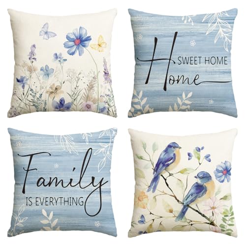 Spring Saying Flowers Butterfly Bird Throw Pillow Covers (Blue / 16" x 16" (Pack of 4))