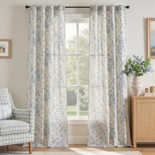 Blue Floral Linen Curtains 96 Long for Living Room 2 Panels (Blue / 38"W x 96"L (Pack of 2))