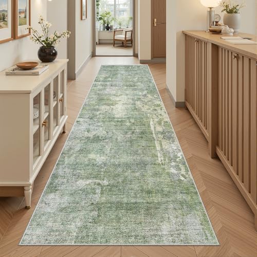 Runner Rug 2'6"x8' Kitchen Hallway Runners Abstract Green (Green/Ivory / 2'6" x 8' (Runner))