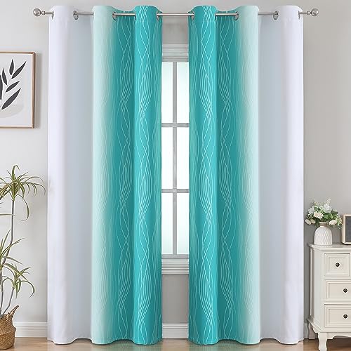 Teal and Grayish White Ombre Blackout Curtains for Living Room 84 Inch Long (Teal and Greyish White / 42"W x 84"L (Pack of 2))