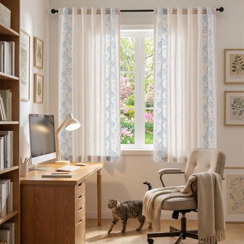 Floral Linen Curtains 63 Inch Farmhouse Back Tab 2 Panels (Vine | Sky Blue / 50"W x 63"L (Pack of 2))