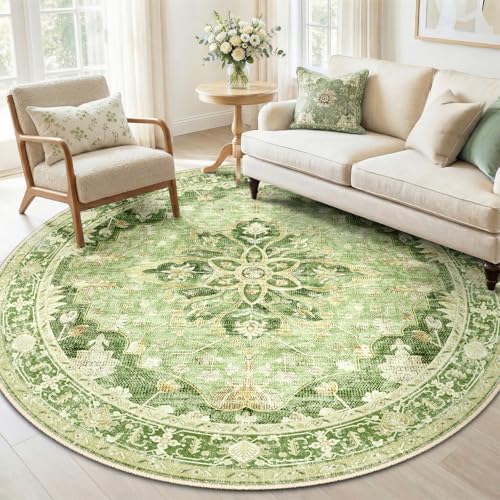 Washable Area Rug (Green/Yellow / 6' (Round))