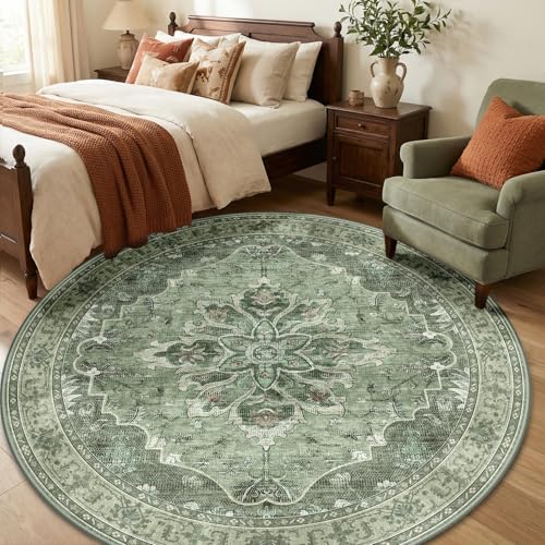 Washable Area Rug (Green/Dark Green/Gray / 6' (Round))