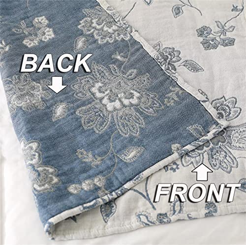 Boho Throw Blanket 80"x90" 100% Cotton Reversible Throw Couch Bed (M-blue Flower / 80"x90")