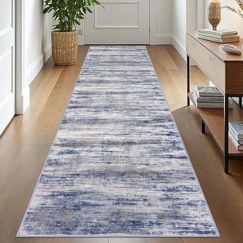 Modern Abstract Washable Rug Runner 2.6x10 Hallway Rug Runner Non (Blue-grey / 2'8" x 10' (Runner))