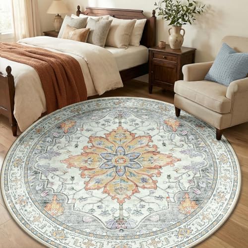 Washable Area Rug (Beige/Carbon Grey/Orange / 6' (Round))