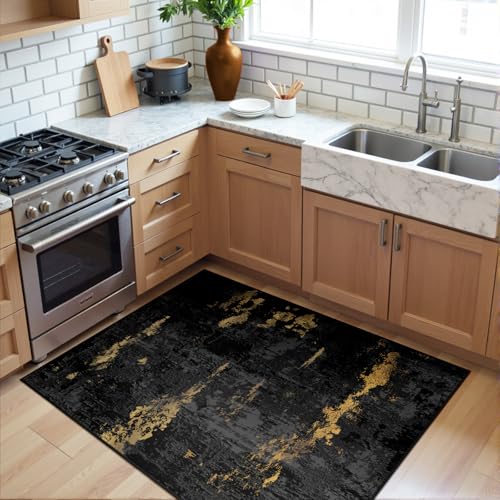 Washable 3'x5' Abstract Area Rug for Living Room Black Gold (Black/Gold / 3' x 5' (Rectangular))