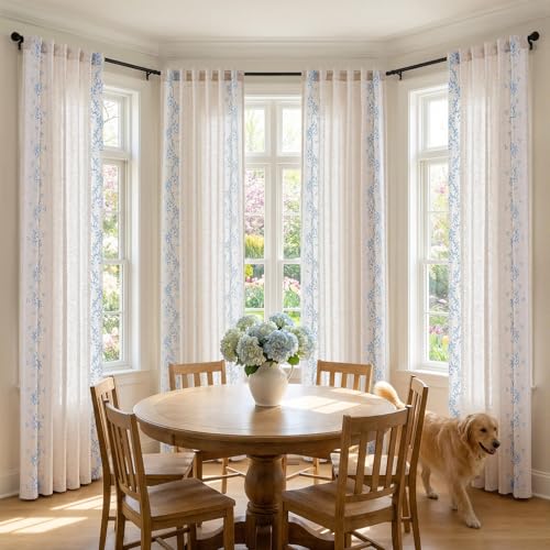 Floral Linen Curtains 96 Inch Farmhouse Back Tab 2 Panels (Vine | Sky Blue / 50"W x 96"L (Pack of 2))
