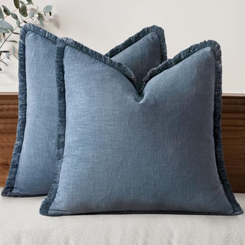 Linen Fringe Decorative Euro Throw Pillow Covers Blue Ashes 24x24 (24" x 24" (Pack of 2) / Blue Ashes)
