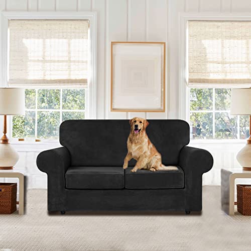 Velvet Stretch 3 Pieces Couch Cover for Sofa Washable (Medium / Black)