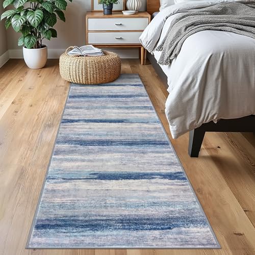 Modern Abstract Washable Rug Runner 2x7 Hallway Runner Rug Non (Blue/Grey/Beige / 2' x 7' (Runner))
