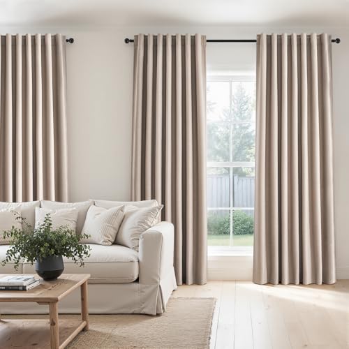 96 inch long blackout window curtains 2 Panels for bedroom 100% Black out Linen texture Curtain Vintage Farmhouse Drapes with Back Tab Rod Pocket Pinch pleated Thermal Insulated Panel for Living Room (Natural Beige / 52"W x 96"L (Pack of 2))