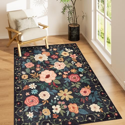 3x5 Area Rug Floral Washable Rug for Bedroom Non Slip (Black / 3' x 5' (Rectangular))