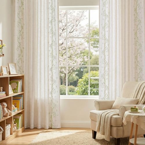 Floral Linen Curtains 84 Inch Farmhouse Back Tab 2 Panels (Vine | Sage / 50"W x 84"L (Pack of 2))
