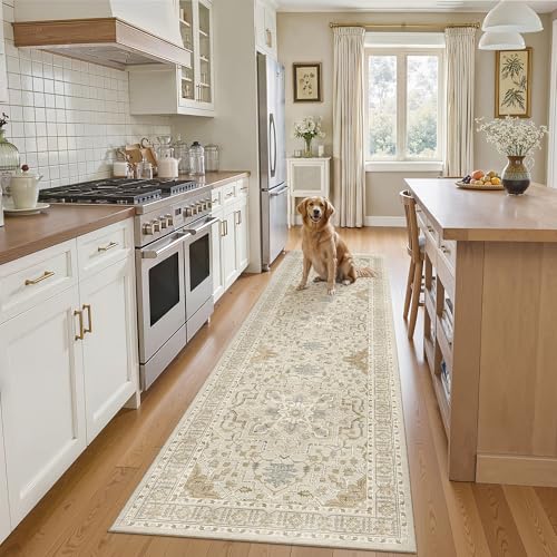Kitchen Runner Rug 2x7 with Rubber Backing Non Slip (Beige/Blue / 2' x 7' (Runner))