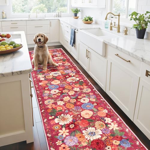 Red Floral Hallway Runner Rug 2x10 for Kitchen Bathroom (Red / 2' x 10' (Rectangular))