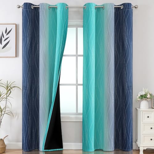 Navy Blue and Teal Gradient Blackout Curtains for Living Room 84 Inch Long (Navy Blue and Teal / 42"W x 84"L (Pack of 2))