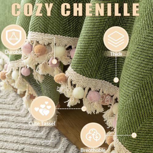 Green Sofa Cover Vintage Couch Cover for Dogs 71" X134" Couch Cushion Covers with Tassel Herringbone Sofa Cover Boho Sofa Covers for 3 Cushion Couch Chenille Soft Loveseat Sofa Covers (71" x 134" / Tassel Ball: Green)