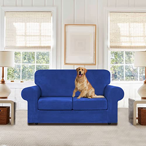 Velvet Stretch 3 Pieces Couch Cover for Sofa Washable (Medium / Royal Blue)