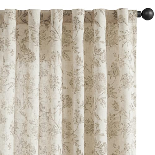 Taupe Floral Linen Curtains 84 Inch Vintage Back Tab 2 Panels (*Jacobean Taupe / 50"W x 84"L (Pack of 2))