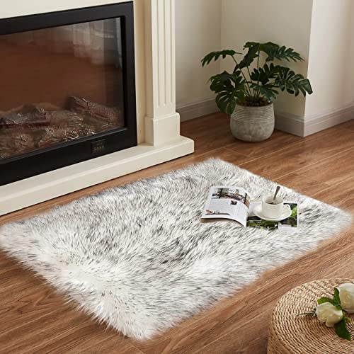 Faux Sheepskin Fur Rug Fluffy Fuzzy Furry Rug for Bedroom Dorm 2x3 Bedside White with Grey Tips Living Room Decor Small Plush Carpet Shaggy Washable Rectangle (2' x 3' (Rectangular) / White and Grey Tips)