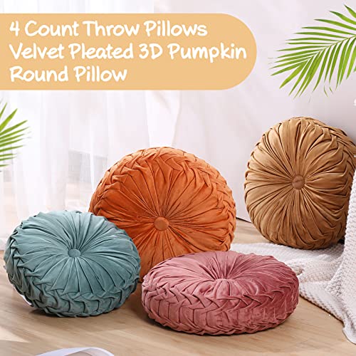 4 Pcs Round Throw Pillows Velvet Pleated Pillows (Orange, Yellow, Pink, Green)