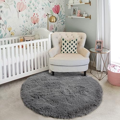 Grey Fuzzy Round Circle Rug 4Ft for Bedroom Living Room Office (Grey / 4' (Round))