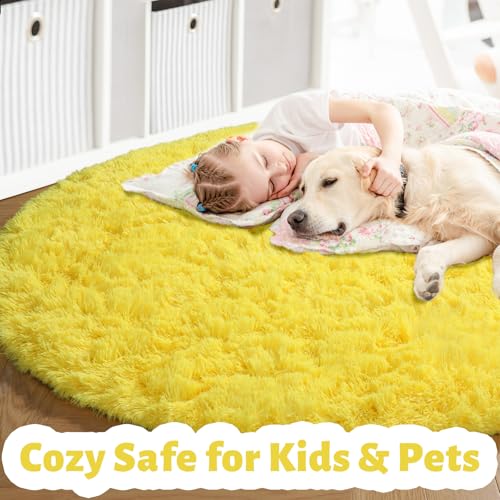 Yellow Shag Fuzzy Large Round Area Rug 6Ft for Bedroom Living Room (Yellow / 6' (Round))