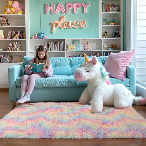 5x8 Rainbow Unicorn Fluffy Shag Rug for Girls Bedroom (Rainbow / 5' x 8' (Rectangular))