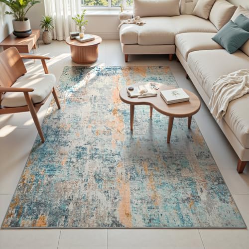 Area Rug 4x6 Blue Rug Washable Boho Rugs Non Slip Low Pile Abstract Small Carpet for Entryway (Blue / 4' x 6' (Rectangular))