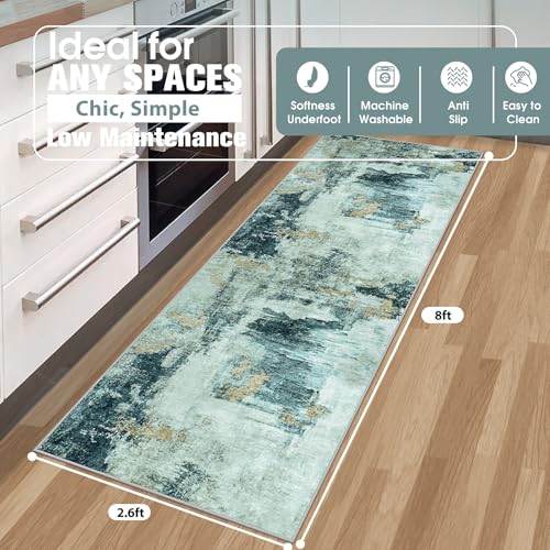 Runner Rugs for Hallways Kitchen 2.6x8 Non Slip Washable Teal Grey Gold (Teal Grey/Gold / 2'6" x 8' (Rectangular))
